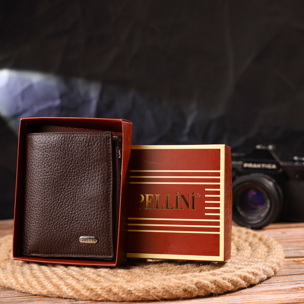 Мужской компактный вертикальный кошелек из натуральной кожи CANPELLINI 21674 Коричневый Киев - изображение 10