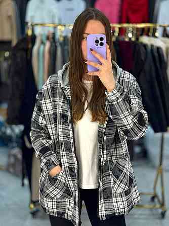 Жіноча тепла сорочка з капюшоном у карту байка на хутрі Чорний Одеса