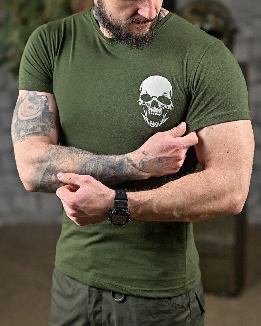 Трикотажна мілітарі футболка череп олива ДЛ6513 Одесса - изображение 4