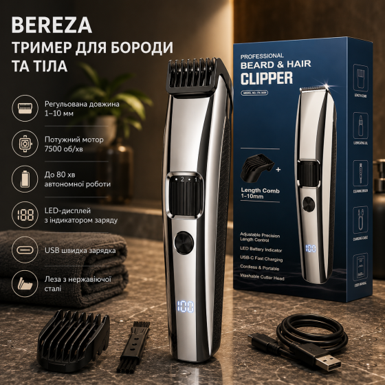 Триммер для бороды и тела BEREZA 1–10 мм, 7500 об/мин, LED-дисплей, USB, 80 мин работы, нержавеющая сталь Киев