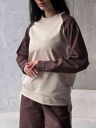 Жіночий ефектний комбінований костюм двійка: кофта і штани джинс котон + турецька двунитка Одеса