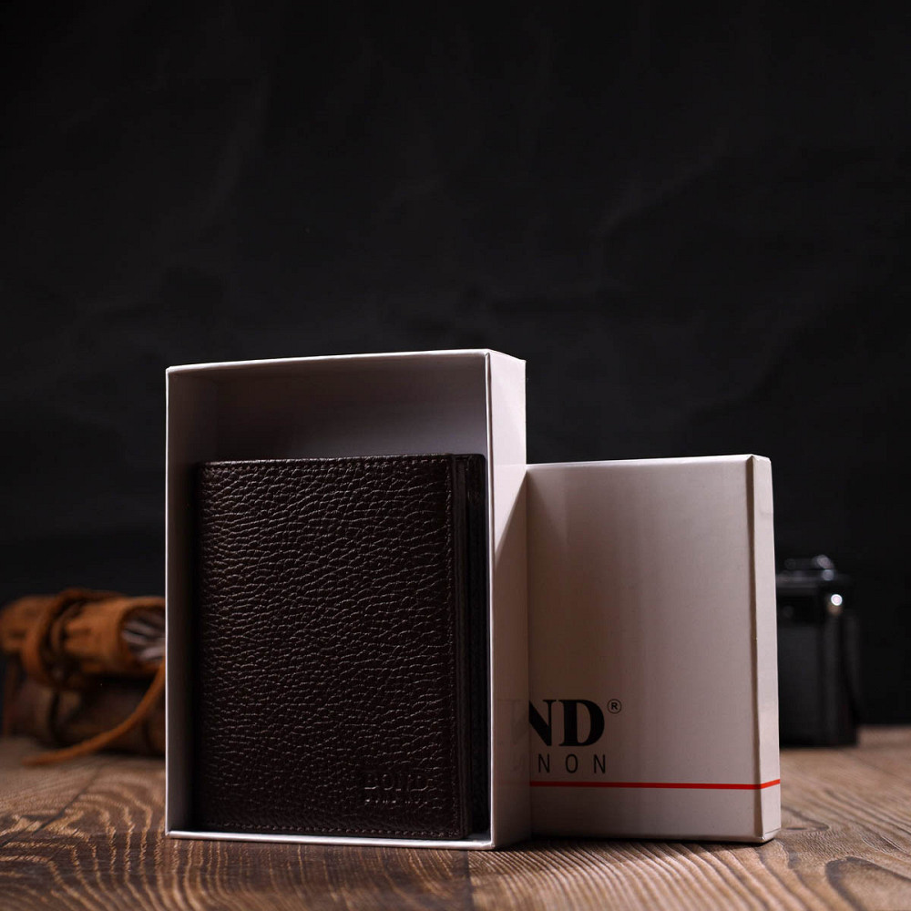 Компактний чоловічий гаманець із натуральної зернистої шкіри без застібки Коричневий (BOND) Київ - фото 4