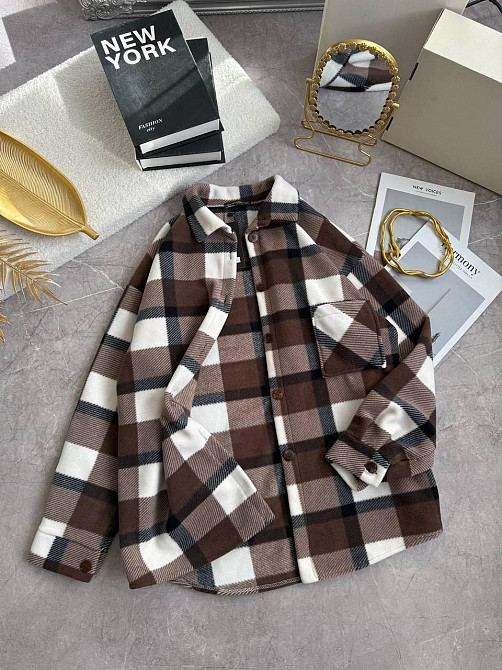 Женская теплая рубашка оверсайз в клетку на пуговицах турецкий флис Шоколад Одесса - изображение 1