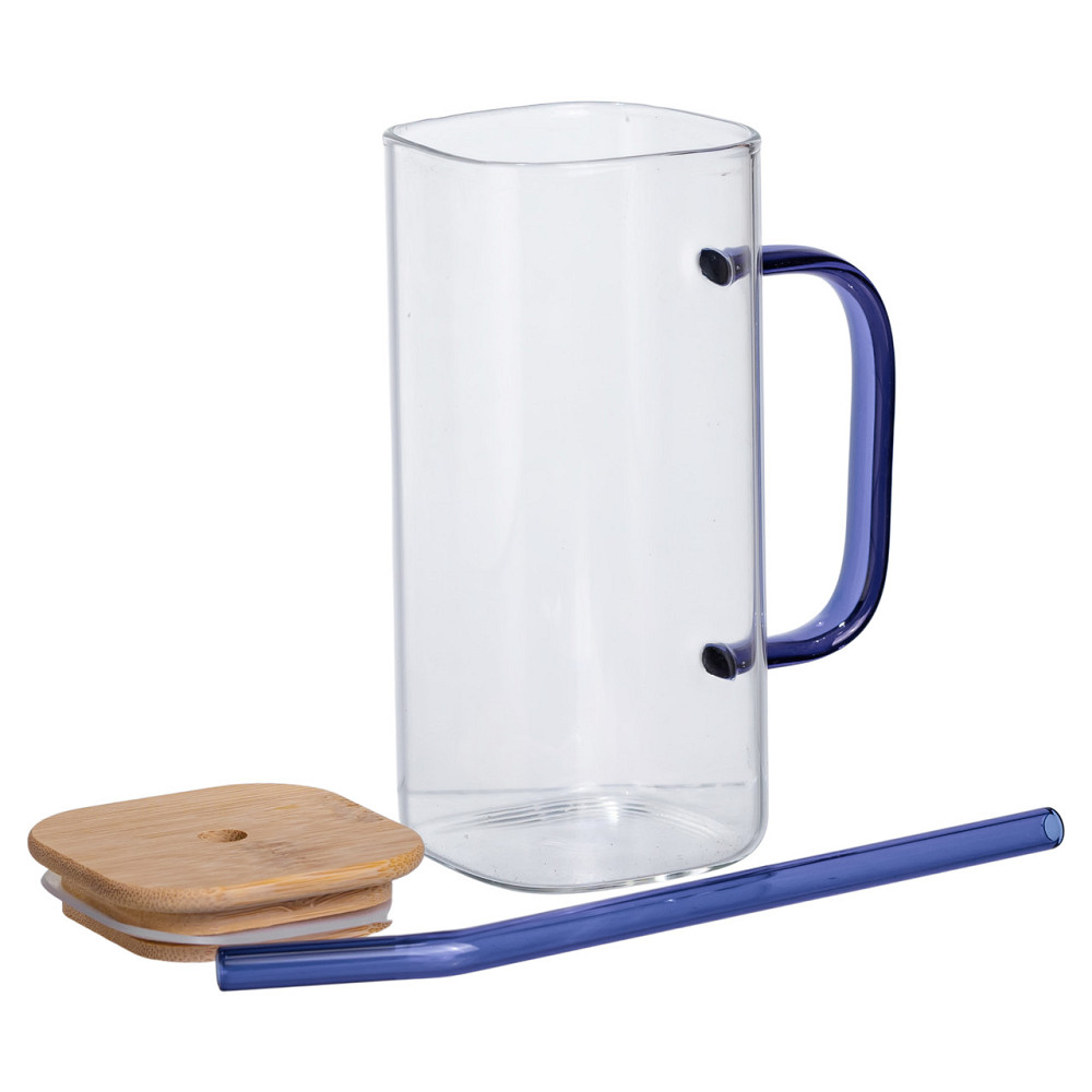 Yiwu Скляна чашка 400 мл з бамбуковою кришкою і синьою трубочкою HP-19-146BL Коломия - фото 3