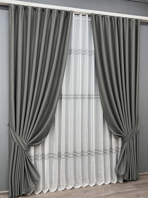 Комплект штор VR-Textil Шеніл 200х270 2шт і Тюль 500х270 1592ш-1428т Сірий з білим 71-201/6 Київ - фото 2