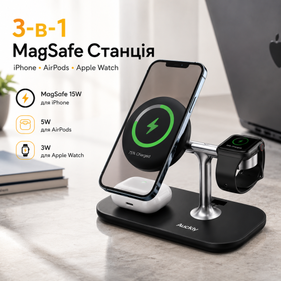 Бездротова магнітна док-станція Auckly A7 3-в-1 з MagSafe 15W для iPhone, AirPods та Apple Watch, швидка зарядка, чорна Київ