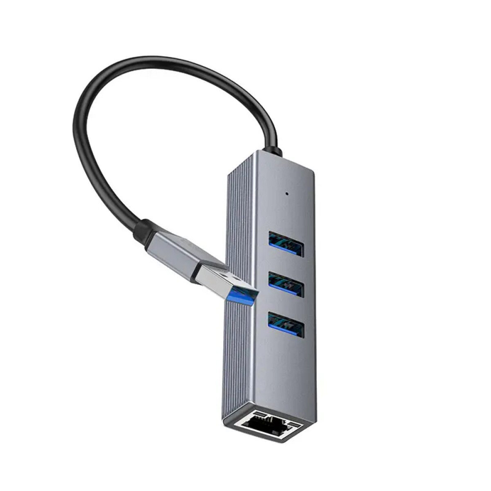 Кабель-перехiдник HOCO HB34 Easy link USB Gigabit Ethernet adapter(USB to USB3.0*3+RJ45) Metal Gray Київ - фото 2