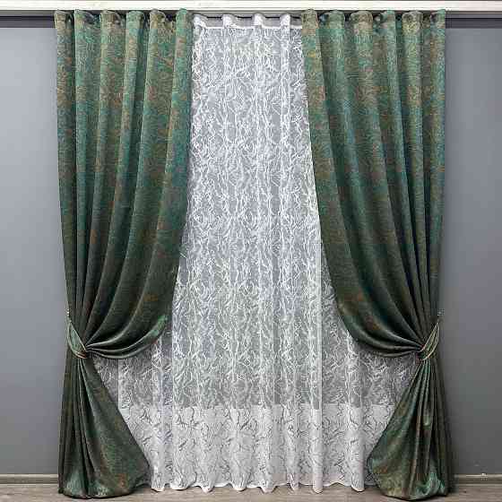 Комплект штор VR-Textil Жакард Fantasy 200х270 2шт і Тюль 500х270 1633ш-1783т Смарагдовий  з білим 71-048/6 Київ