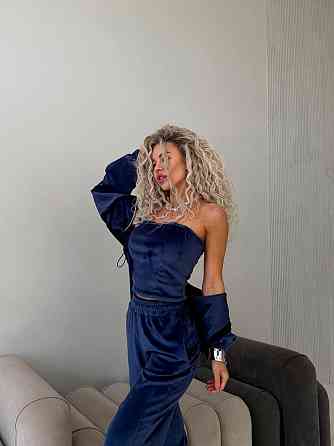 Жіночий велюровий комплект-трійка Синій, 48/52 Харків