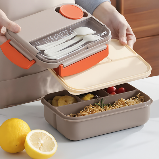 Контейнер, ланч-бокс для гарячої та холодної їжі, судочок з окремими відсіками та столовими приборами для їжі, бежевий Кам'янець-Подільський