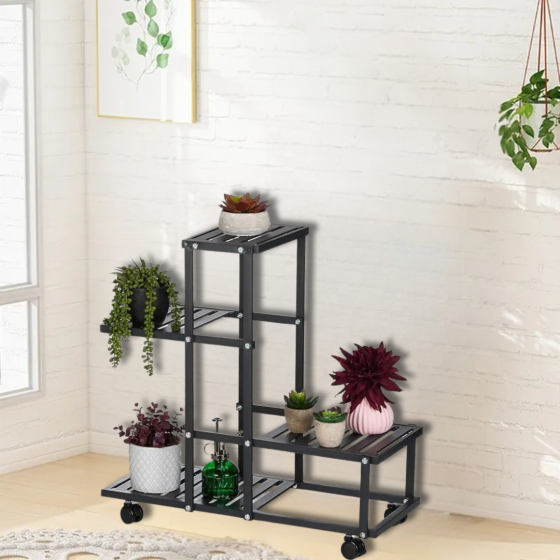 Стеллаж для растений металлический передвижной на 4 яруса цвет черный Каменец-Подольский