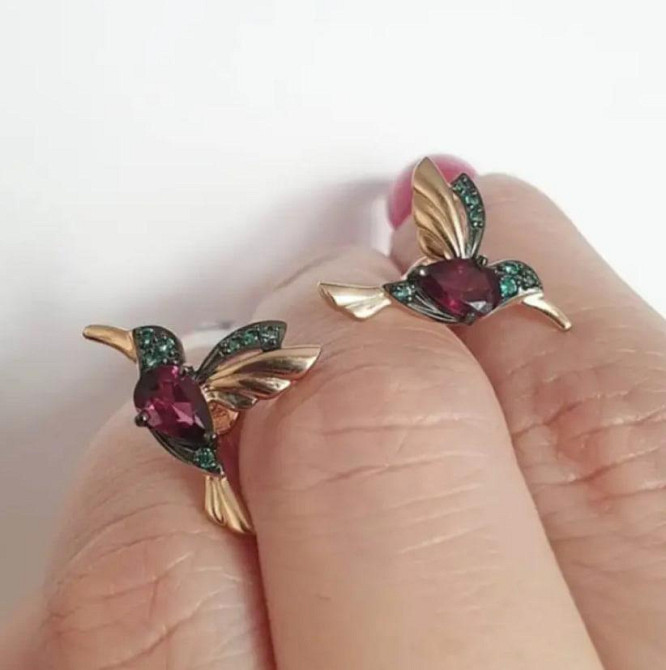 Серьги протяжки колибри с кристаллами золотистые Киев - изображение 2