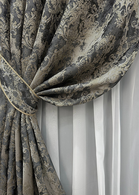 Комплект готових штор VR-Textil Льон Преміум № 1694ш Чорний з бежевим 150х290 см 2 шт (33-0594) Київ - фото 5