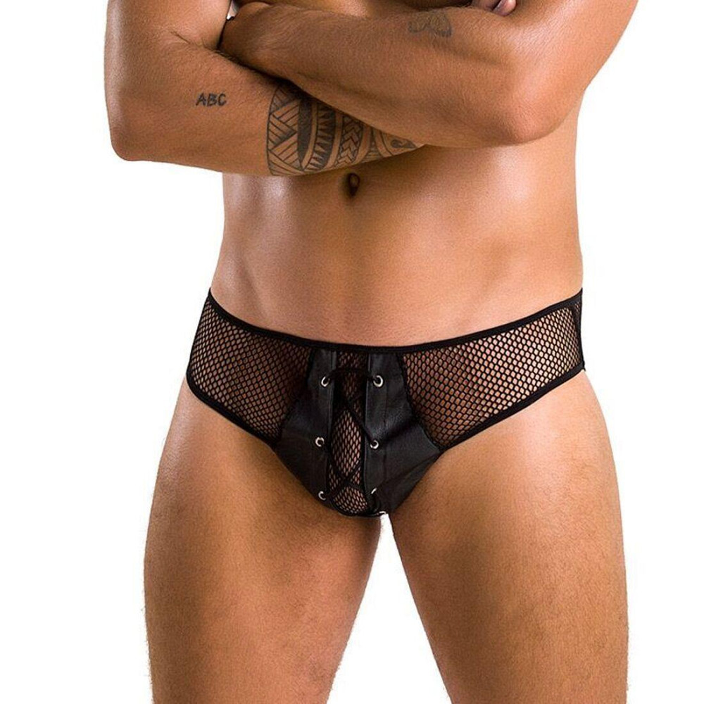 Мужские трусы со шнуровкой Passion 035 SLIP RICHARD S/M Black, экокожа, сетка Sex Aura Киев - изображение 1