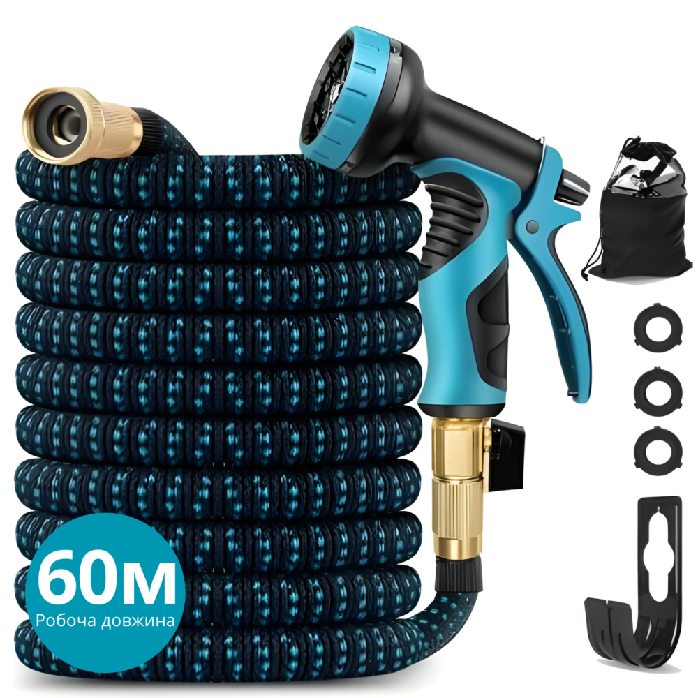 Шланг для сада и огорода поливной рабочая длина до 60 м набор с распылителем и мешком для хранения, растягивающийся садовый Каменец-Подольский - изображение 1