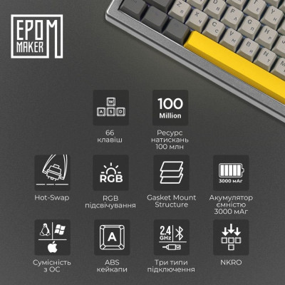 Клавиатура Epomaker EK68 65 Budgerigar V2 Switch Hot-Swap RGB Wireless/Bluetooth/USB UA Black (EK68-B-BV2) Винница - изображение 3