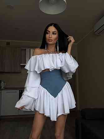 Женский романтичный костюм двойка: многослойная блуза и шорты-юбка креп шифон + джинс бенгалин Одесса