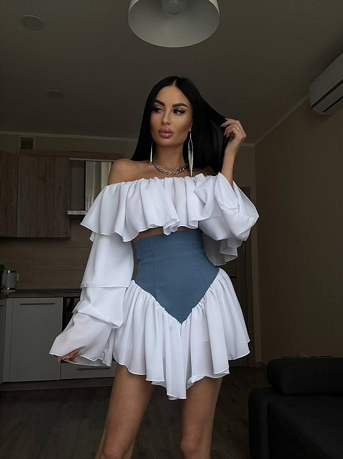 Женский романтичный костюм двойка: многослойная блуза и шорты-юбка креп шифон + джинс бенгалин Одесса - изображение 3