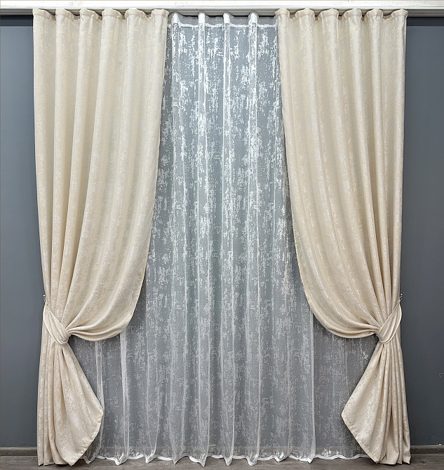 Комплект штор VR-Textil Жакард Мармур 150х270 2шт і Тюль 400х270 1763ш-1400т Молочний з білим 71-021/3 Київ - фото 1