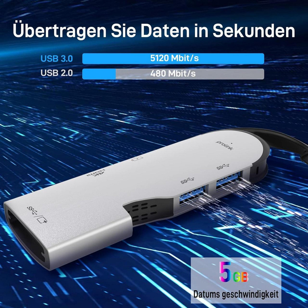 USB-хаб Prolink 5-в-1, адаптер USB-C – HDMI 4K, 2×USB 3.0, PD 60W, совместим с MacBook, iPad, Surface, Galaxy Киев - изображение 5