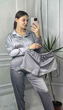 Комплект шовковий трійка сорочка з шортами і штанами Сірій L Харків