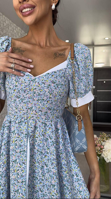 Женское принтованное легкое платье мини американский креп 44/46, Голубой Одесса - изображение 7