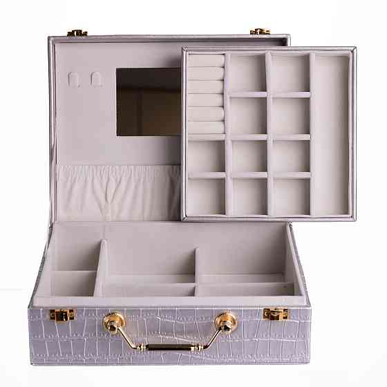 Скринька для прикрас з еко шкіри 19 відділень з дзеркалом 23.5×14×8 см Сірий HP-5-20G Коломыя