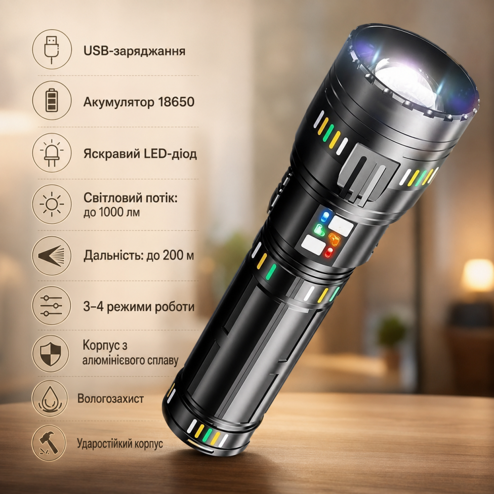 Ручний акумуляторний LED-ліхтар Bailong BL-CB-W518 1000 лм 200 м, металевий ліхтарик 18650 з USB-зарядкою Одеса - фото 1