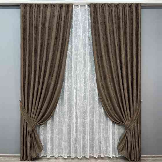 Комплект штор VR-Textil Жакард Мармур 100х270 2шт і Тюль 300х270 1557ш-1400т Коричневий з білим 71-190/1 Київ