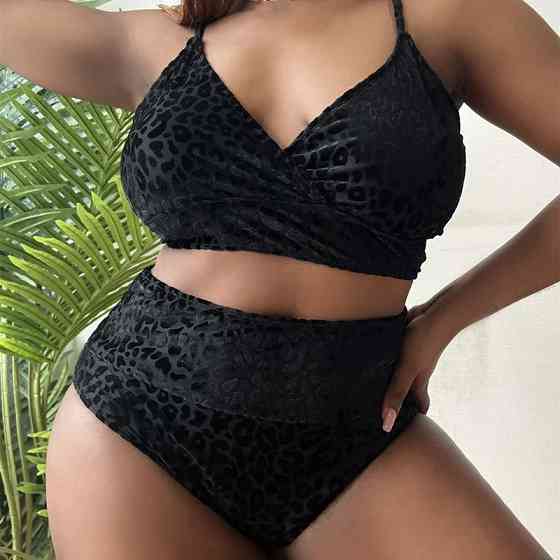 Роздільний купальник великого розміру вельветовий з високою талією 4XL чорний Київ