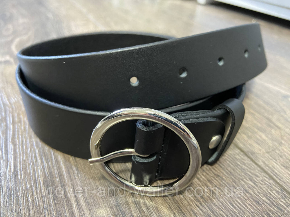 Жіночий ремінь з натуральної шкіри з круглою пряжкою чорного кольору 35мм PS Leather Київ - фото 1