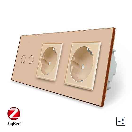 Розумний сенсорний прохідний/перехресний вимикач 2 сенсора 2 розетки Livolo золотий скло (VL-C702SZ/C7C2EU-13) Коломия