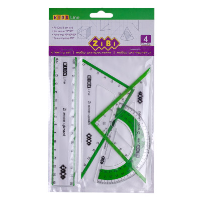 Лінійка ZiBi Комплект: лінійка 15см, 2 кутника, транспортир, з салатовою смужкою (ZB.5687-15) Вінниця - фото 1