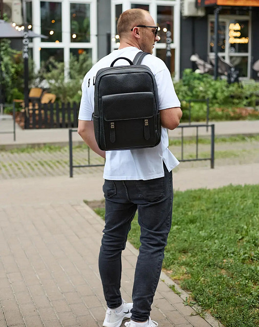 Кожаный городской мужской рюкзак классический черный из натуральной кожи качественный Киев - изображение 9