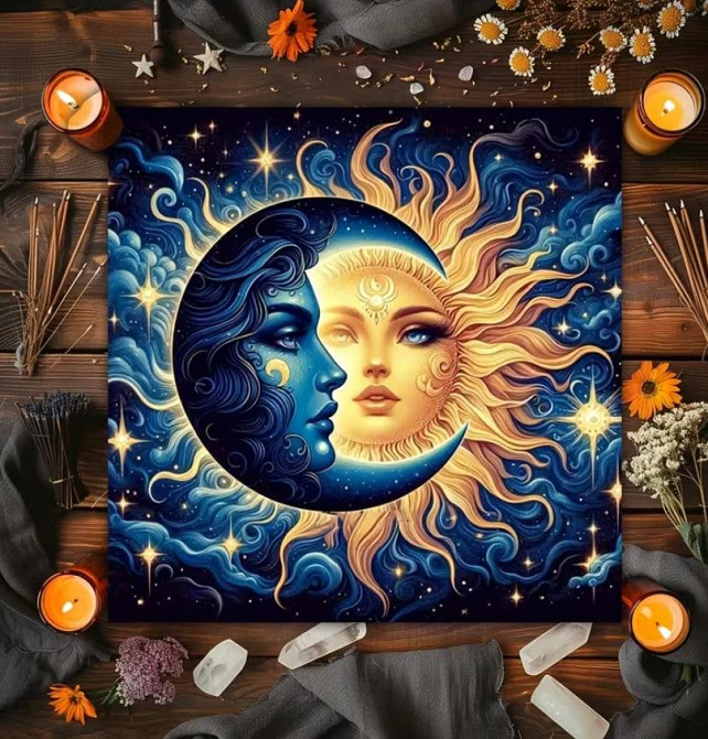 Вівтарна скатертина для карт Таро та Рун. Скатертина для ворожіння 75*75 см. Скатертина із зображенням Місяця та Сонця Київ - фото 3