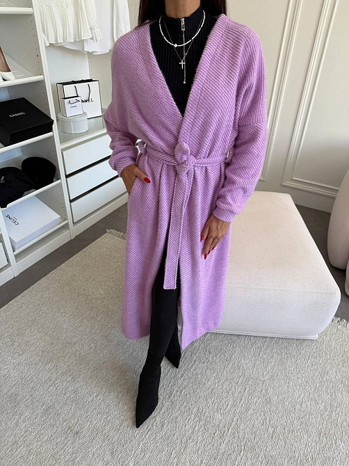 Жіночий затишний довгий кардиган із поясом Альпака. Лаванда Одеса - фото 1