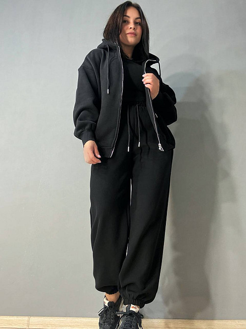 Костюм жіночий A-N 27066 спортивний оверсайз худі на блискавці та джогери чорний, чорний, L Київ - фото 9