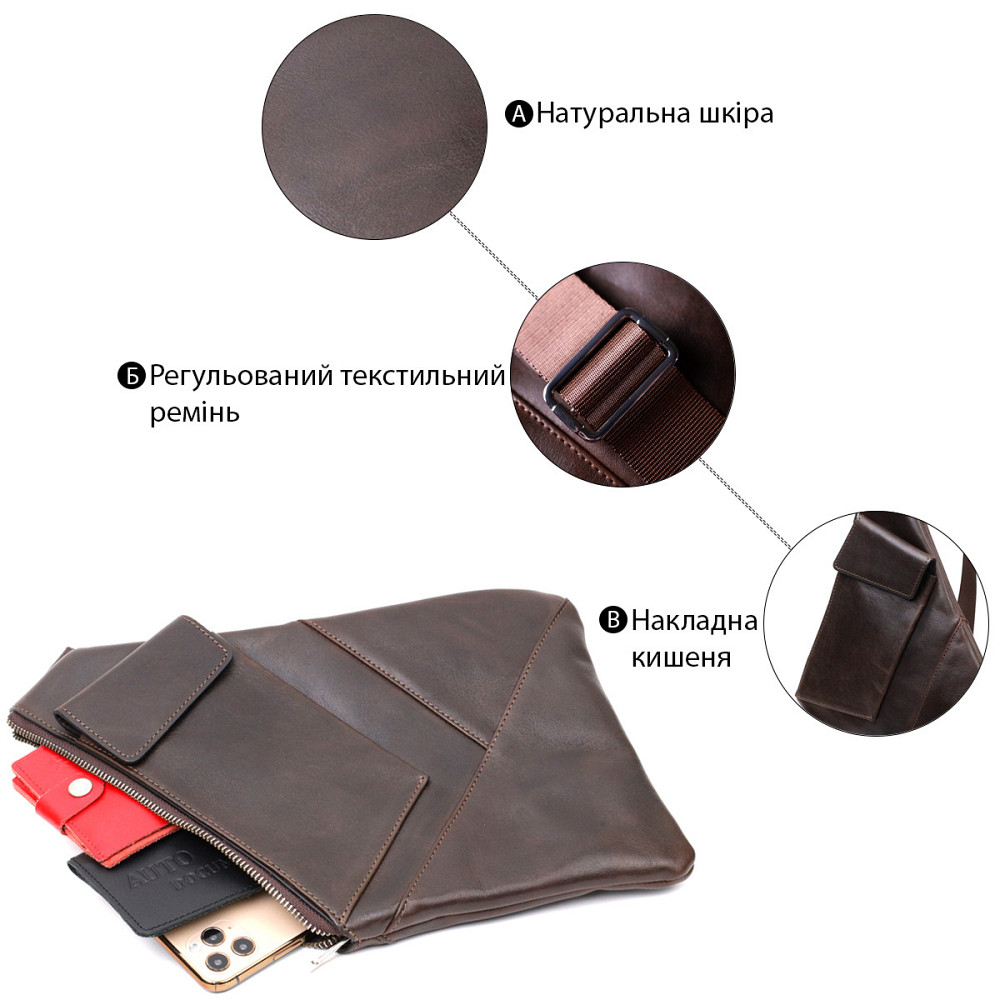 Стильная мужская сумка на плече из натуральной кожи Коричневая (GRANDE PELLE) Киев - изображение 8