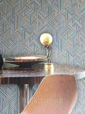 Ообои вінілові на флізелін Decoprint Moments MO22842 геометрія смуги точки фігури бірюзові жовті золоті Київ