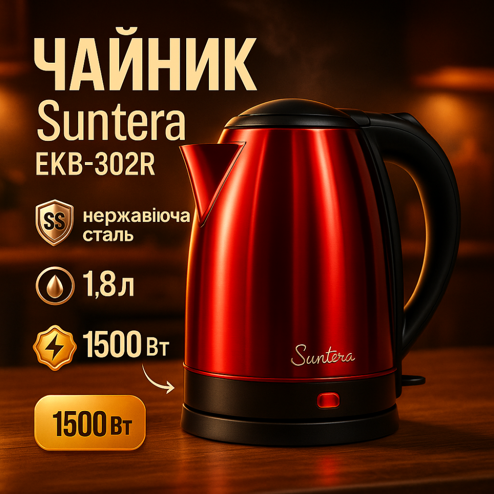 Чайники металлические из нержавеющей стали Suntera EKB-302R 1500 Вт, Чайник електрический для дома HV-11 Львов - изображение 7