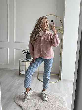 Женская укороченная куртка-рубашка из мягкой овчины Тедди Пудра Одесса