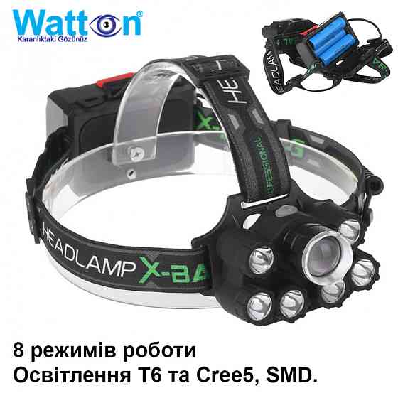 Аккумуляторный налобный многофункциональный военный фонарь с LED освещением WATTON WT-247 дальностью 250-400 м Каменец-Подольский