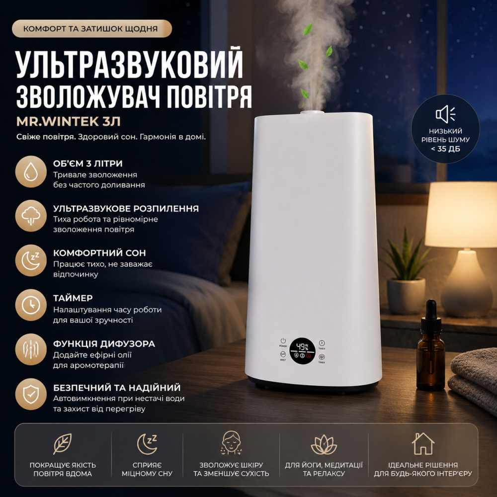 Уцінка: Ультразвуковий зволожувач повітря Mr.wintek 3л: комфортний сон, таймер та функція дифузора (Білий) Київ - фото 6
