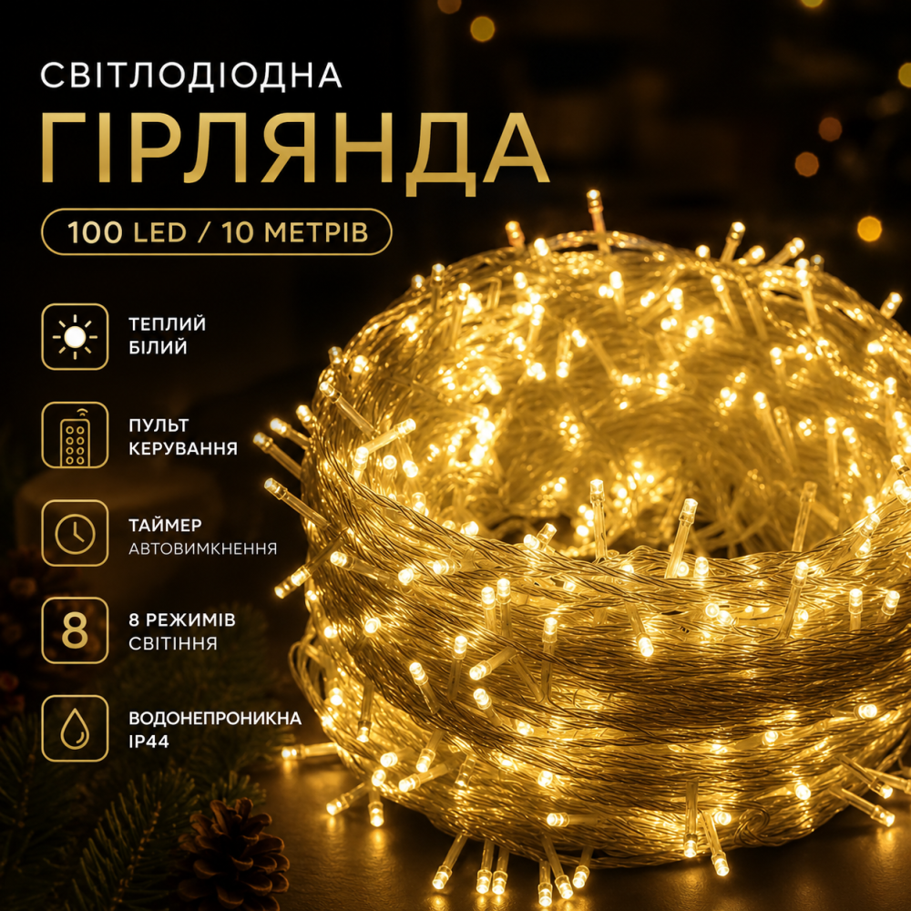 Світлодіодна гірлянда 100 LED / 10 метрів: Теплий білий, Пульт, Таймер, 8 режимів, Водонепроникна Київ - фото 9