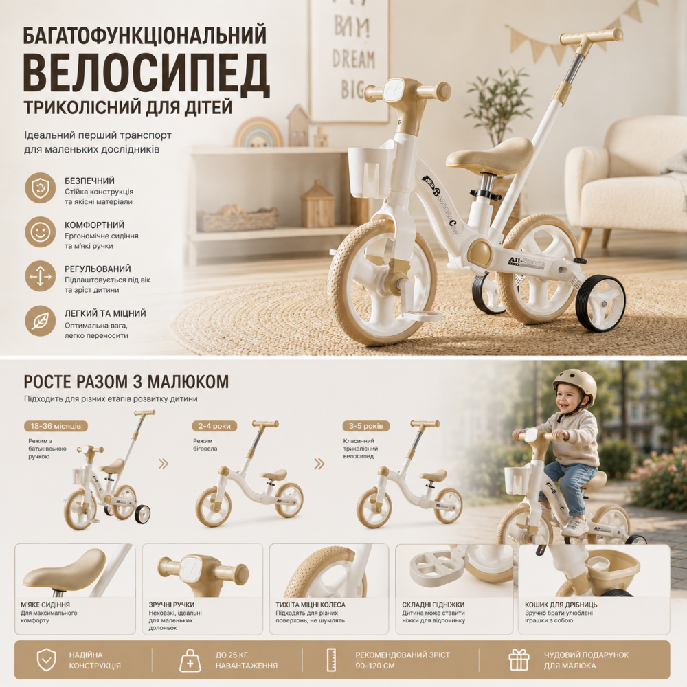 Детский беговел-велосипед 3-в-1 Black: умный трансформер со светом, музыкой и складными колесами, от 2 до 5 лет Киев - изображение 5
