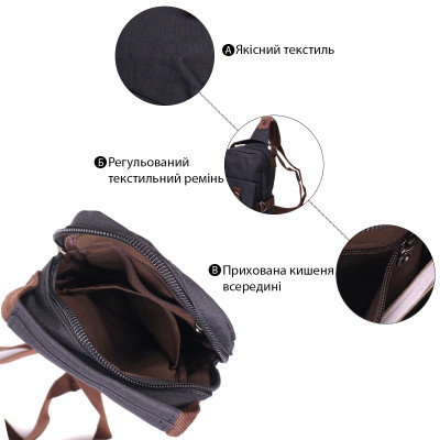 Сумка Vintage Для чоловіків з щільного текстилю Чорна (22187) Вінниця - фото 8