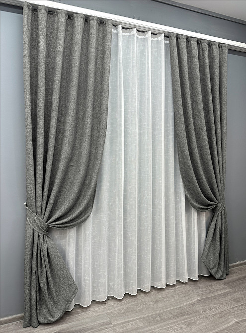 Комплект штор VR-Textil Лен Мешковина 100х270 2шт и Тюль 400х270 108ш-115т Серый с белым 71-024/2 Киев - изображение 2