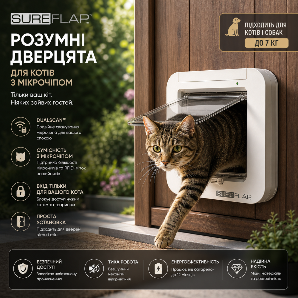 Дверцята для кішок SureFlap Sure Petcare DualScan з мікрочіпом, RFID-бірки для нашийників та сумісність з мікрочіпом, керування Київ - фото 1