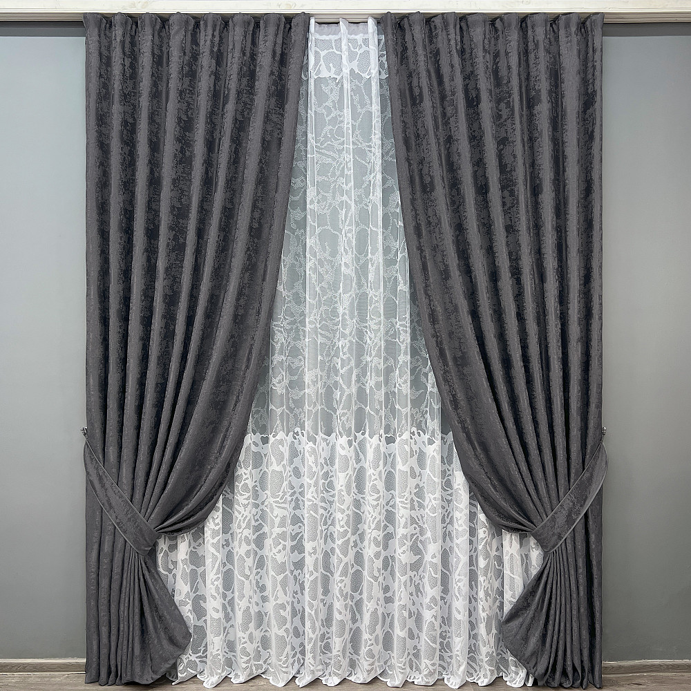 Комплект штор VR-Textil Жакард Мармур 100х270 2шт і Тюль 400х270 1211ш-1529т Графітовий з білим 71-184/2 Київ - фото 1