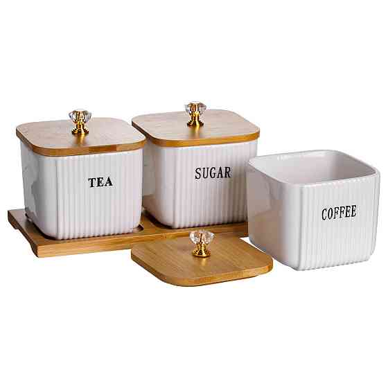 Набір порцелянових квадратних банок для сипучіх на підставці 3 шт. по 350 (мл) для чаю кави цукру SCT-643 Київ